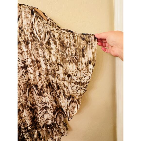 DressBarn Brown Tan Blouse Peekaboo Bell Sleeve Lined Elastic Hip Band Size XL - Picture 9 of 13